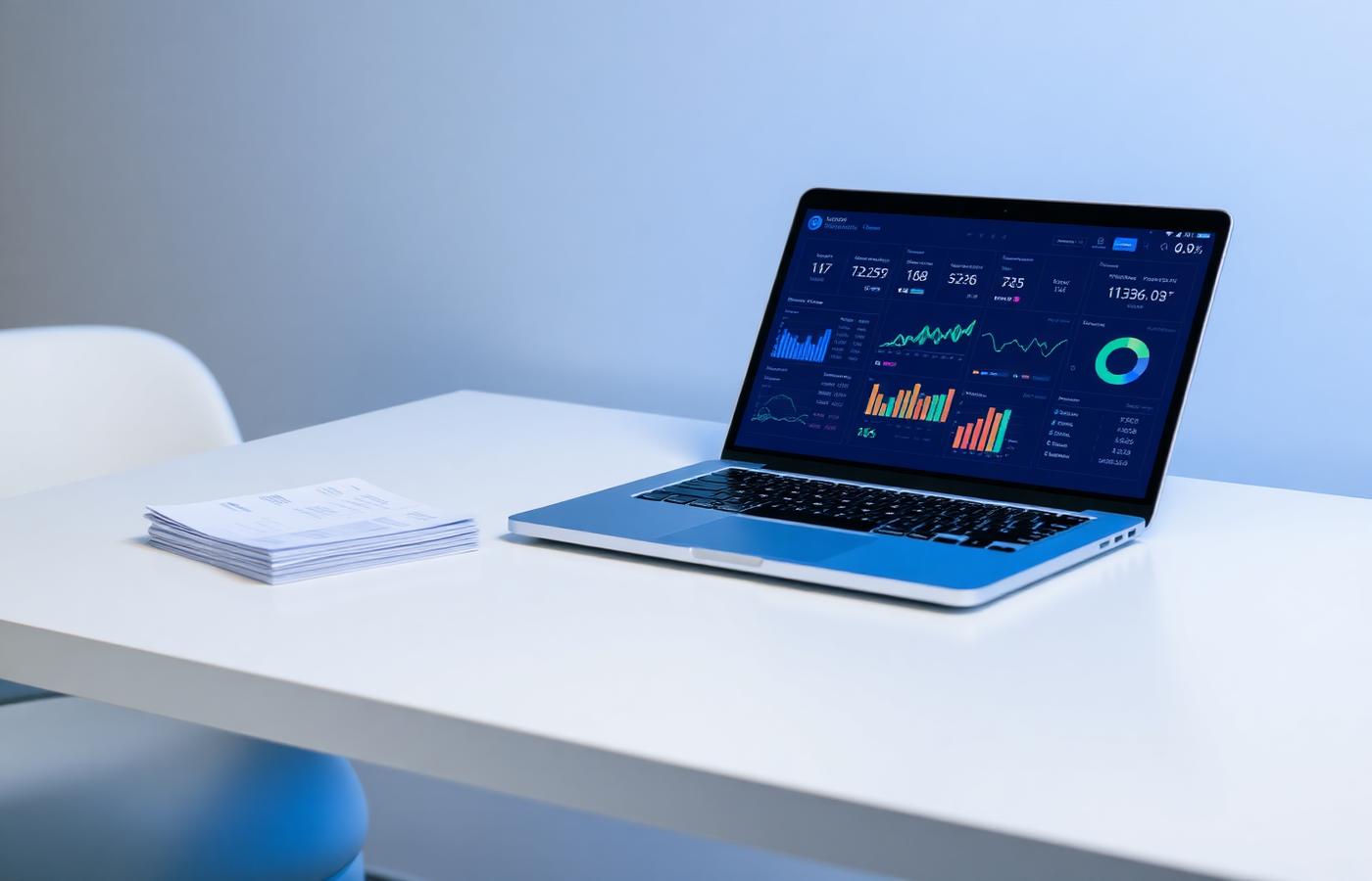 Escritorio de trabajo con laptop, recibos y notas contables